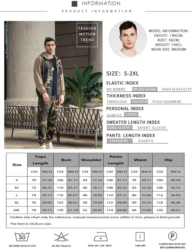 DUOFIER Men's Tracksuit Set Camouflage Sweatshirt Jogger Sweatpants Warm Sports Suit, Khaki-L - Image 5